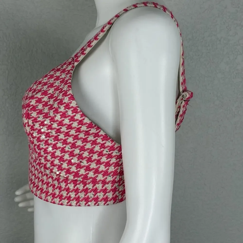 Rivir Houndstooth Bustier Crop Top Bralette Tweed Pink White Size S